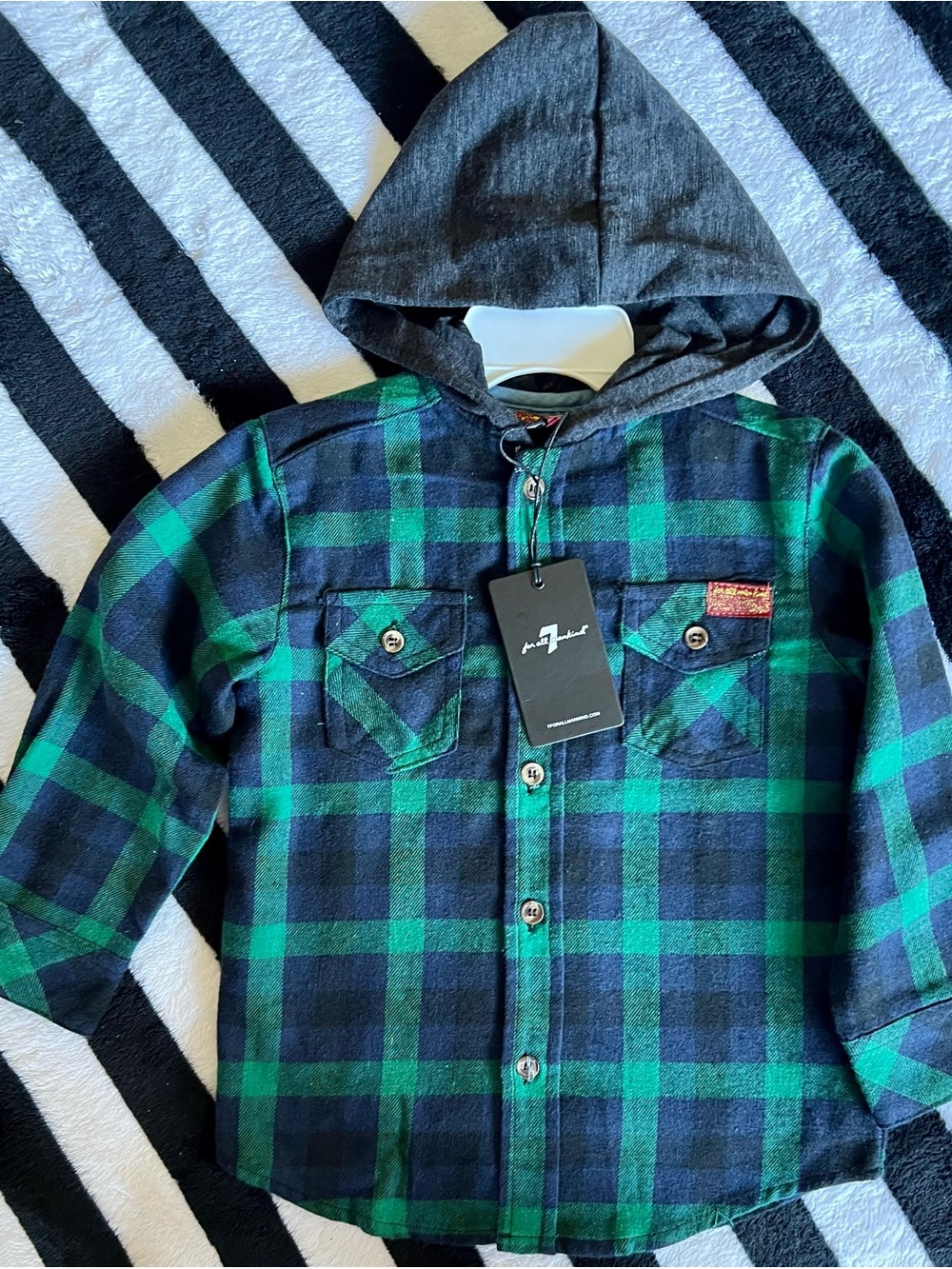 7 For All Mankind Green and Black Plaid Hooded Button-Down Shirt